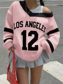 Women's New Style V Neck Collision Color Letter And Number Pattern Jacquard Loose Casual Stylish Street Retro Preppy Long Sleeve Sports Sweater, Fall And Winter