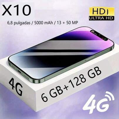 W&O Celular 4G - Face ID, dual SIM, doble modo de espera, cámara HD de 50 MP + 13 MP, 6 GB + 128 GB, pantalla HD de 6.8 pulgadas, 5000 mAh, Android, uso global - Auriculares, cable de carga tipo C, estuche, protector de pantalla - perfecto para regalos navideños