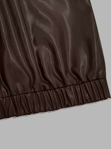 女式休闲百搭翻领长袖街头时尚 PU 皮革棕色飞行员夹克，秋冬 - 咖啡棕 - 查看 4