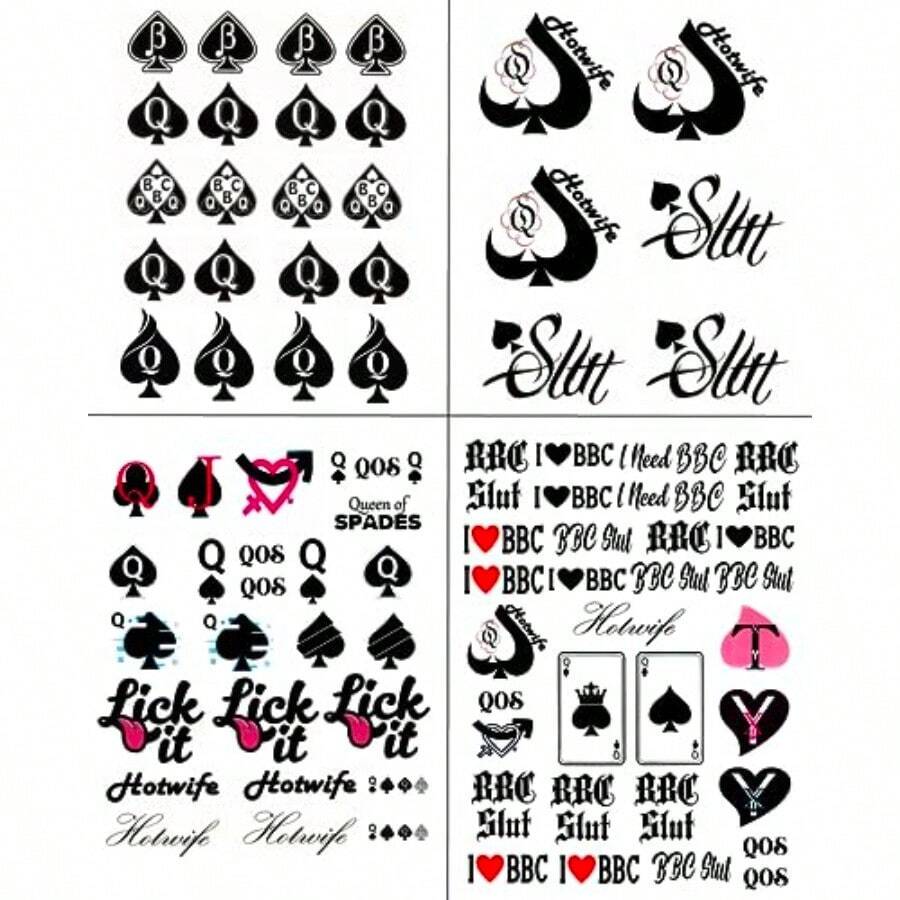CZ 4 Sheets BBC Queen Of Spades Temporary Tattoo Sticker Total 81 15X21cm QoS Hardcore Words Phrases 1613 - 彩色 - 查看 1