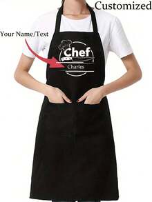 1pc Customized Black Kitchen Cooking Apron, Modern Polyester Oil-Proof Apron, Black Kitchen Apron, Polyester Apron For Garden, Kitchen And Housework Perfect For Home, Restaurant, And Kitchen Cooking