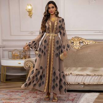 Luxury Arabic Leaf Embroidery Sheer Mesh Robe, Gold Trim Waist Flare Sleeve Formal Kaftan