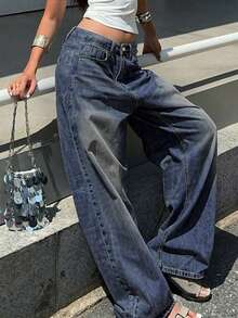 Y2K风格女式直筒宽松破洞牛仔裤，低腰水洗蓝色阔腿裤，休闲优雅下装，街头时尚春季单品 - 深色水洗藍 - 查看 7
