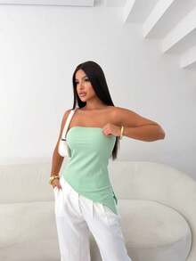Women's Asymetrical Ribbed Dress - With Pads - Side Slit Simple Casual Backless Asymmetrical Split Evening - 糖果綠 - 查看 3