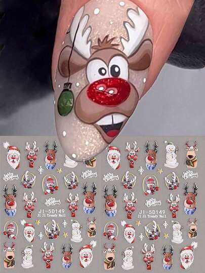 2 Pacotes Adesivos de Unhas 5D Natal Veado Papai Noel Árvore Nevada de Inverno Sliders Relevo Pinguim Fofo Decalques Ano Novo