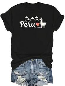 [Camiseta de Moda Casual] Camiseta de Mujer Suave y Cómoda - Amor por Perú Arte de Alpaca Casual de Manga Corta Cuello Redondo, Regalo Perfecto para Abuela y Mamá, Uso Casual de Primavera Verano - Negro - Ver 1