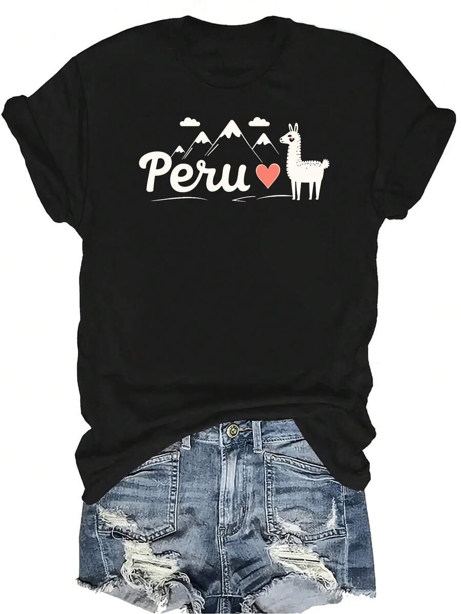 [Camiseta de Moda Casual] Camiseta de Mujer Suave y Cómoda - Amor por Perú Arte de Alpaca Casual de Manga Corta Cuello Redondo, Regalo Perfecto para Abuela y Mamá, Uso Casual de Primavera Verano - Negro - Ver 1