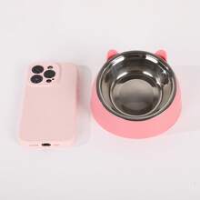 A Detachable And Washable 15° Cute Cat Design Stainless Steel Pet Cat Bowl With A Tilted Neck Protection.
