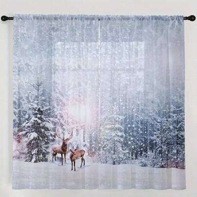 2 יחידות וילונות שקופים עם נוף מושלג חורפי, עיצוב חורפי מודרני, 100% פוליאסטר, סינון אור, כיס למוט, תלייה קלה, מתאים למטבח, חדר כביסה, חדר שינה, חדר עבודה, סלון