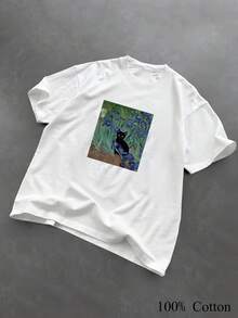 1PC 100% Cotton Van Gogh Black Cat Irises Painting Graphic Print Relaxed Fit Women's Short Sleeve TShirt - Blanco - Ver 1