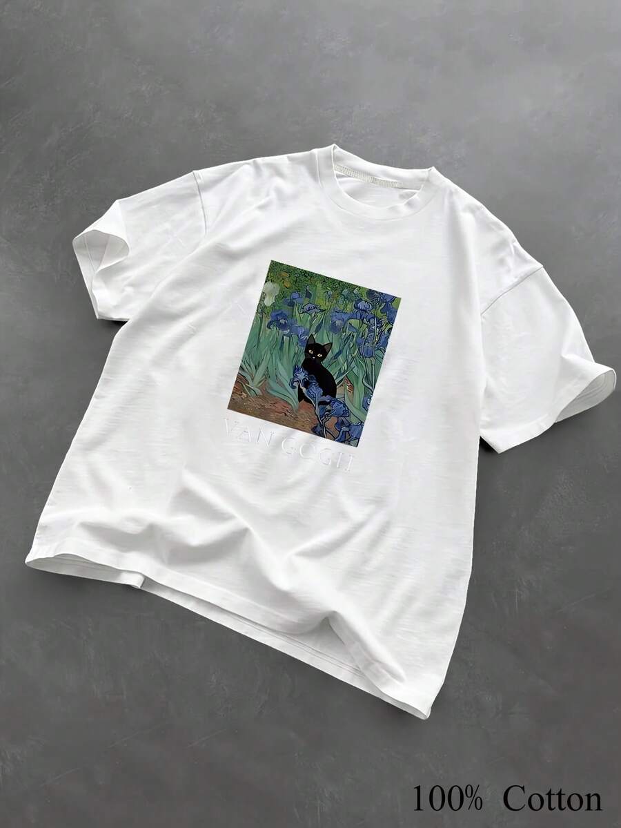 1PC 100% Cotton Van Gogh Black Cat Irises Painting Graphic Print Relaxed Fit Women's Short Sleeve TShirt - Blanco - Ver 1