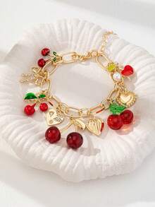 1pc Handmade Golden Cherry Bow Heart Charm Bracelet, Chunky Chain Bracelets, Spring/Summer Jewelry (Color And Shape May Vary Slightly) - Nhiều màu - Xem 3