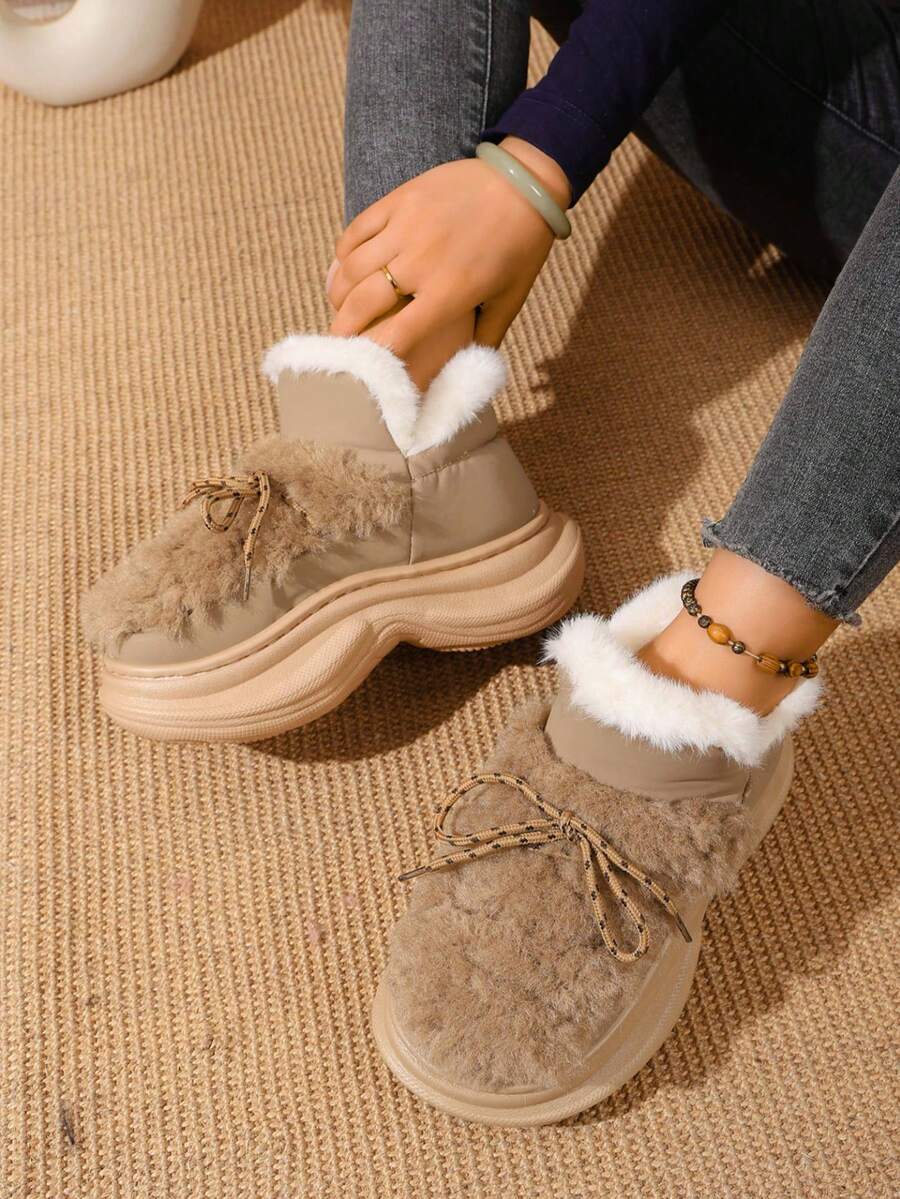 Botas de Neve com Forro Térmico e Sola Grossa para Mulheres, Forro Peludo Quente, Adequado para Casa e Praia, Inverno - Caramelo - Visão 1