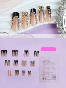 24pcs Chinese Style Floral Pattern Press-On Nail Stickers. Decorated With Green Glitter, Covers All Fake Nails. Luxurious And Elegant. Suitable For Women And Girls. - 多色 12 - 查看 3