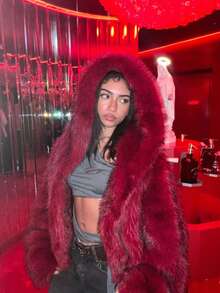 秋冬新款优雅高端时尚酒红色女士休闲仿皮草外套，长袖开襟连帽毛绒绒夹克，宽松短款时尚皮草上衣，适合秋冬季外出、新年夜、派对、约会、乡村、返校节、休闲、假日度假等场合穿着。 - 酒紅色 - 查看 7