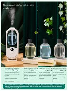 Un diffuseur d'arômes intelligent blanc, diffuseur d'huiles essentielles pour la maison au design minimaliste et moderne, avec 5 modes de fonctionnement et un éclairage ambiant romantique et coloré. Rechargeable par USB. Disponible avec un choix de sets d'huiles essentielles parfumées de 1 ou 3 bouteilles. Convient pour les chambres à coucher, les salons, les bureaux, les pièces pour animaux de compagnie et la désodorisation de la salle de bain. Également idéal comme décoration de fête, décoration d'intérieur ou cadeau de Noël.