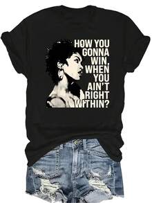 [Camiseta de Moda Casual] Camiseta de Mujer Suave y Cómoda - Motivación "Ganar Dentro" Arte Casual de Manga Corta Cuello Redondo, Regalo Perfecto para Abuela y Mamá, Uso Casual de Primavera y Verano - Negro - Ver 1