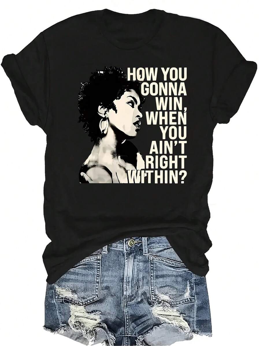 [Camiseta de Moda Casual] Camiseta de Mujer Suave y Cómoda - Motivación "Ganar Dentro" Arte Casual de Manga Corta Cuello Redondo, Regalo Perfecto para Abuela y Mamá, Uso Casual de Primavera y Verano - Negro - Ver 1