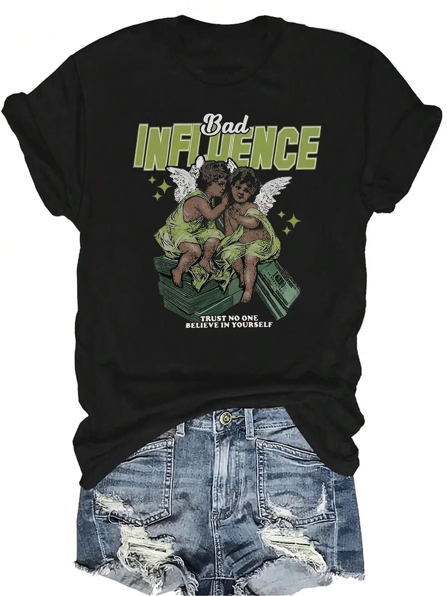 [Camiseta de moda casual] Camiseta suave y cómoda para mujer - Camiseta de manga corta de cuello redondo con diseño de ángel de mala influencia, regalo perfecto para la abuela y la mamá, uso casual de primavera y verano - Negro - Ver 1