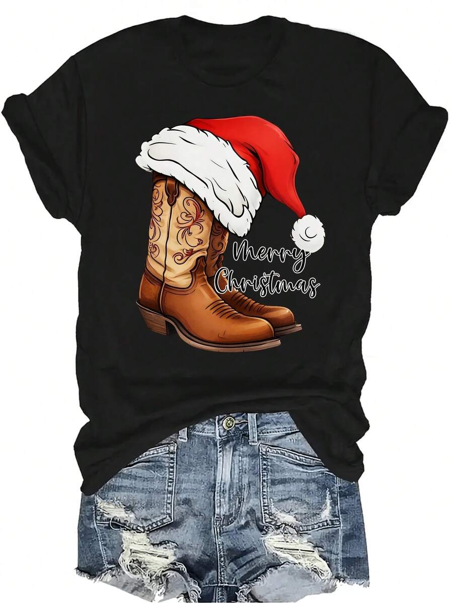 [Camiseta de Moda Casual] Camiseta suave y cómoda para mujer - Botas de vaquero navideñas Casual de manga corta y cuello redondo, regalo perfecto para la abuela y la mamá, uso casual de primavera y verano - Negro - Ver 1