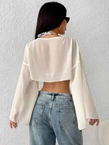 Cropped Tulle Cape With Open, Flowing Sleeves - 白色 - 查看 3