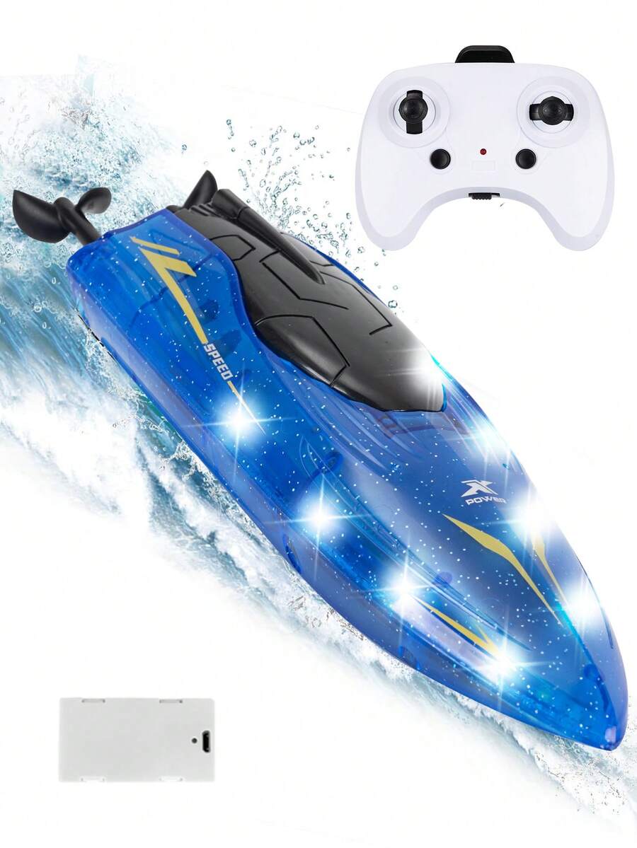 1pc Remote Control Boat With LED Lights, 2.4GHz RC Racing Boat Suitable For 8-12 Years Old, 10km/H High Speed Remote Control Speedboat, Waterproof Design For Pool & Lake, Rechargeable Battery, Summer Water Toy Gift For 3-12 Years Old Boys & Girls, Suitable For Christmas, Halloween, Easter, New Year, Birthday