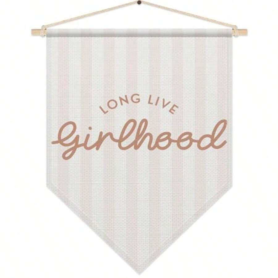 Girls Room Decor Long Live Girlhood Canvas Wall Art Nursery Bedroom Decor For Baby Girls Boho Pennant Flag Banner Toddler Poster Hanger Frame - Beige02 - View 1