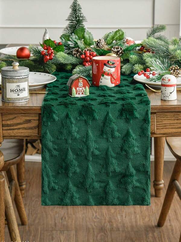 1pc 3D Christmas Tree Embroidered Table Runner, Suitable For Holiday Decoration, Living Room