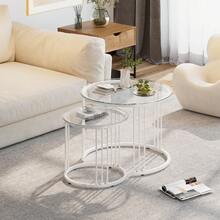 Nesting Coffee Table, 23.6" Round Coffee Table Set Of 2, Glass Nesting Table With Metal Frame, Ceter Tables For Living Room Bedroom Balcony - 白色 - 查看 3