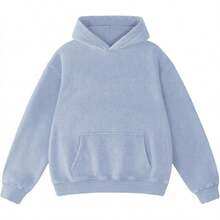 FAIABLE Mens Hoodies Oversized Unisex Wash Hoodie Heavyweight Fleece Vintage Cotton Sweatshirt Men Women Streetwear - 霧霾藍 - 查看 1