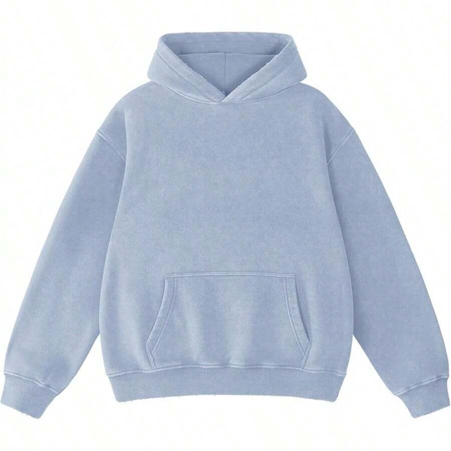 FAIABLE Mens Hoodies Oversized Unisex Wash Hoodie Heavyweight Fleece Vintage Cotton Sweatshirt Men Women Streetwear - 霧霾藍 - 查看 1
