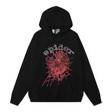 Casual Women's Black Hooded Sweatshirt And Drawstring Pants Set With Spider Web Print Long Sleeve Two Piece Outfit With Pockets - 黑紅色 - 查看 2