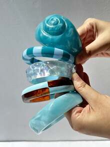 1 chiếc vòng tay vỏ sò nhuộm màu xanh bất đối xứng, vòng tay nhựa sọc tương phản, phụ kiện tối giản Y2K dành cho nữ - Nhiều màu - Xem 3