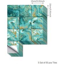 MX    50Pcs Peel And Stick Backsplash Wall Tile For Kitchen Bathroom Laundry Room 5.9"X5.9" Turquoise Marble - 綠松石大理石 - 查看 7