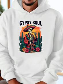 Soul03 Print Hoodie - Long Sleeve, Knit Fabric, Relaxed Fit, Full Size, Fashionable Graphic Print, Perfect For Casual Outings And Daily Wear, Black White Red Grey Navy,Fall Hoodies,Men's Fall Clothes,Street Wear,Halloween,Mens Hoodies,Y2k Clothes,Jesus Hoodie,Thanksgiving Day,Nightmare Before Christmas,Christmas - White - View 1