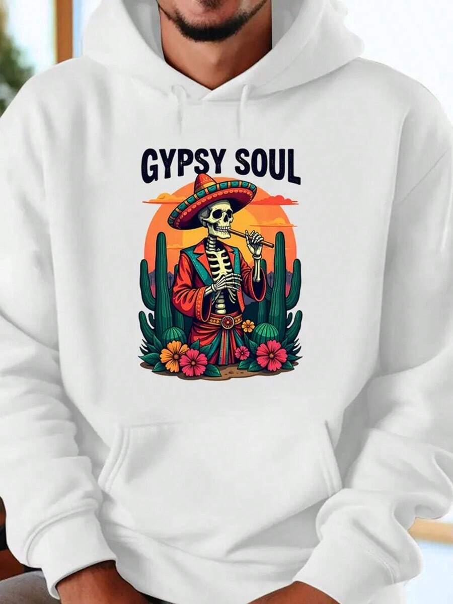 Soul03 Print Hoodie - Long Sleeve, Knit Fabric, Relaxed Fit, Full Size, Fashionable Graphic Print, Perfect For Casual Outings And Daily Wear, Black White Red Grey Navy,Fall Hoodies,Men's Fall Clothes,Street Wear,Halloween,Mens Hoodies,Y2k Clothes,Jesus Hoodie,Thanksgiving Day,Nightmare Before Christmas,Christmas - White - View 1