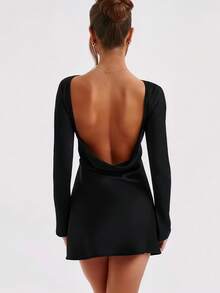 Look Polly Women's Casual Elegant Sexy Christmas Bachelor Party Holiday Carnival Backless Black Satin Dress Short Skirt