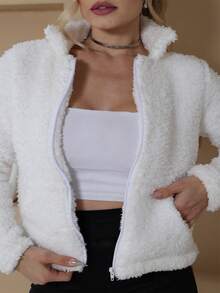 Teddy Coat With Zipper, Women's Plush Blouse With Pocket And Collar - trắng - Xem 2