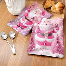 12pcs/100pcs Christmas Pink Santa Claus And Christmas Tree Pattern Dishcloths, Suitable For Restaurants, Kitchens, Bathrooms, Daily Decoration, Daily Family Party Decoration, Home Decoration, And Brightly Colored Household Items. It Can Be Given As A Gifts