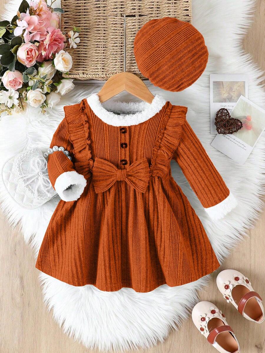 2pcs Baby Girl Dress Set, Cute Ribbed Ruffle Bow Patchwork Elastic Waist Plush Trim Princess Dress & Beret Hat Outfit, Warm Spring/Autumn Casual Wear - Brown - View 1