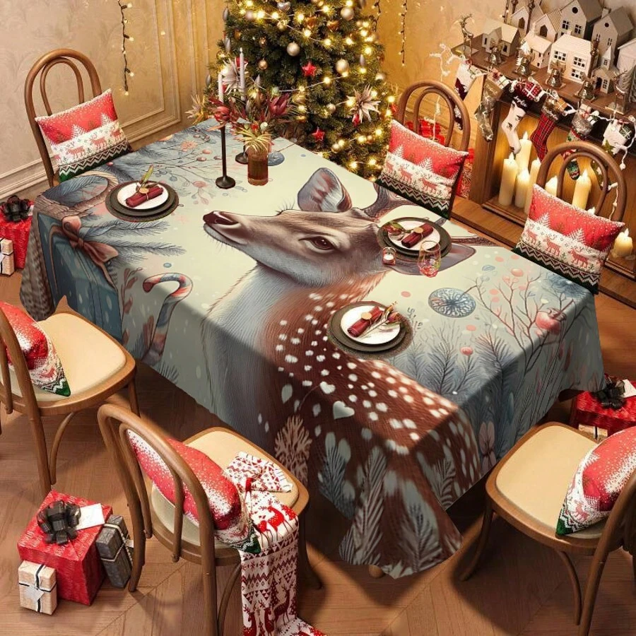 1/20 件圣诞桌布，豪华可爱麋鹿，彩色圣诞球和圣诞礼物图案桌布，圣诞主题，快乐的圣诞氛围，适合室内/室外使用，非常适合节日派对和活动 - 彩色 - 查看 1