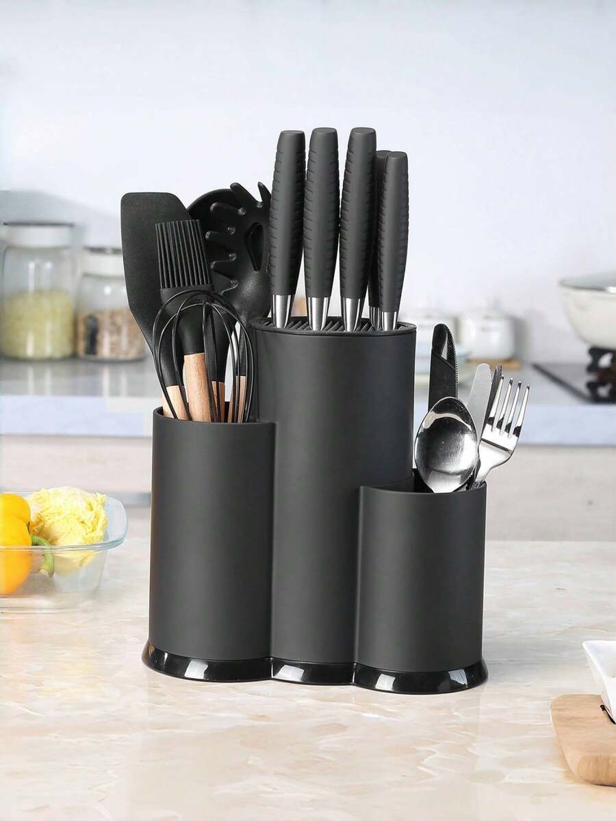 1 Stück Schwarzer multifunktionaler 3-in-1 Küchenutensilien-Halter - platzsparender Messerhalter & Aufbewahrungsorganizer für Essstäbchen/Werkzeuge (leerer Messerblock für Messer & mehr) | Weihnachtskollektion Aufbewahrung, ideales Weihnachtsgeschenk für Heimköche, geeignet für Winterküchen-Organisation, unverzichtbar für die Bevorratung zum Jahresende, praktisch zum Aufräumen der Küche während der Weihnachtsdekorationen