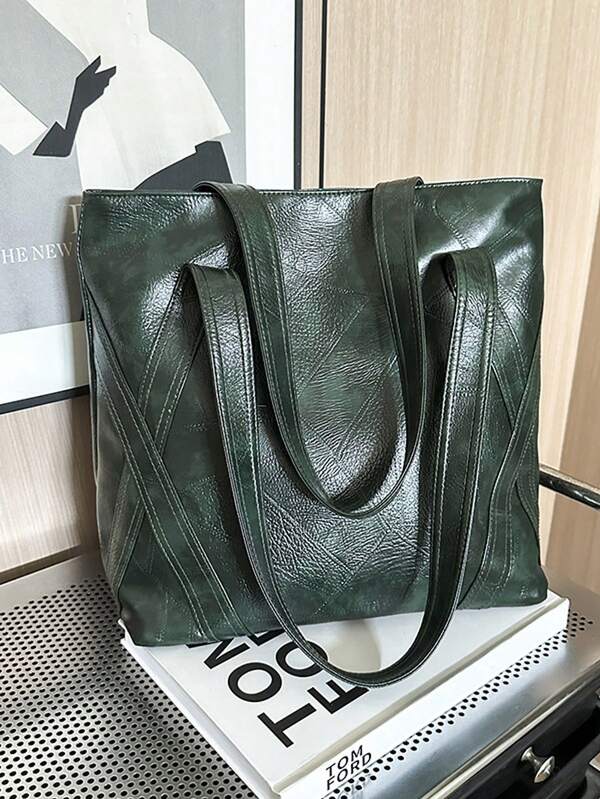 Elegant Large Capacity Women's Handbag - Soft Synthetic Leather Shoulder Bag With Secure Zipper Closure And Adjustable Strap, Dark Green Color Perfect For Commuting And Everyday Use