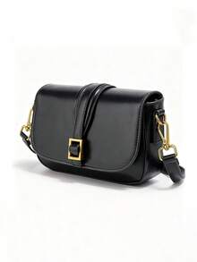 Women's Bag 2025 Autumn New Product Tofu Bag Black Buckle Detail Shoulder Crossbody Bag Versatile Small Square Bag For Work Commute Shopping Date(Without A Gift Bag)