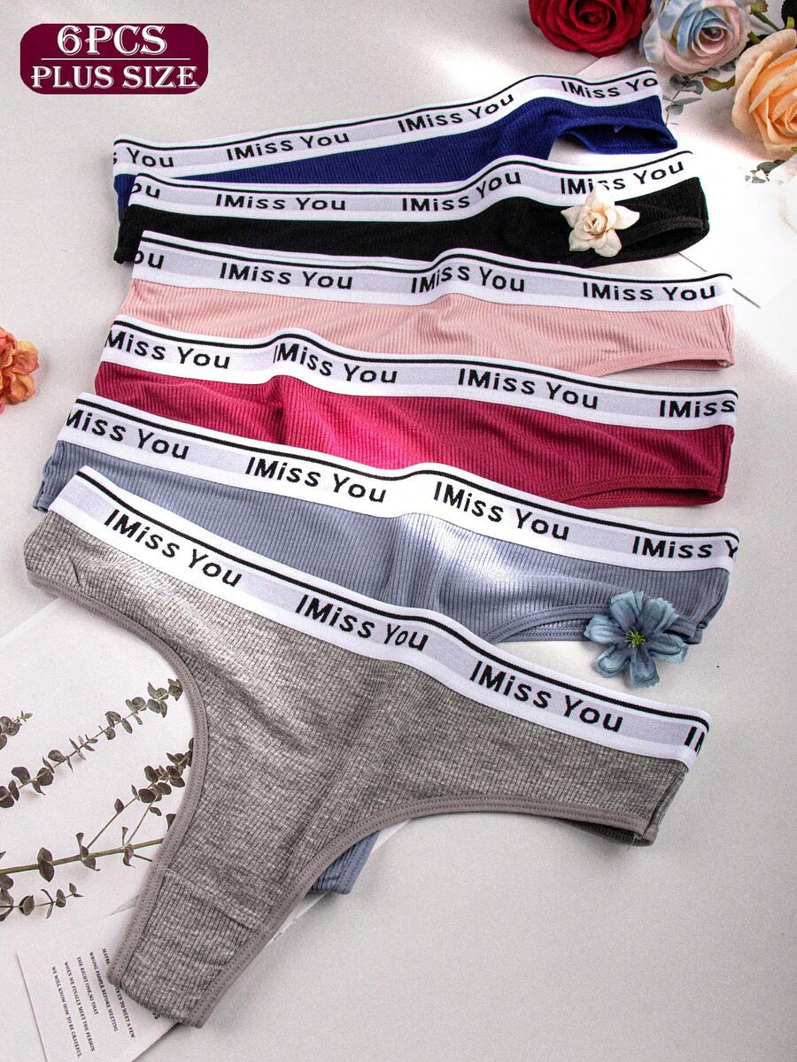 6-Pack Women's Plus Size Letter Tape Low Waist Knickers, Soft Breathable Comfort Panties, Daily Wear Underwear, Summer - 彩色 - 查看 1