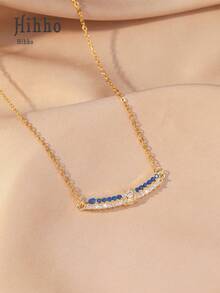 Hihho 1pc New Elegant Navy Blue & Transparent White Zirconia Stainless Steel Necklace, Fashionable Multifunctional Necklace, Curved Women's Minimalist Delicate Gold-Plated Flower Necklace, Suitable For Daily Wear, Weddings And Parties