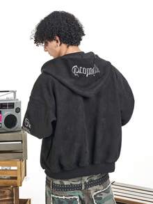 MT99 Áo khoác nỉ nam kiểu Mỹ bằng da lộn thêu, có mũ trùm đầu và khóa kéo. - màu đen - Xem 2