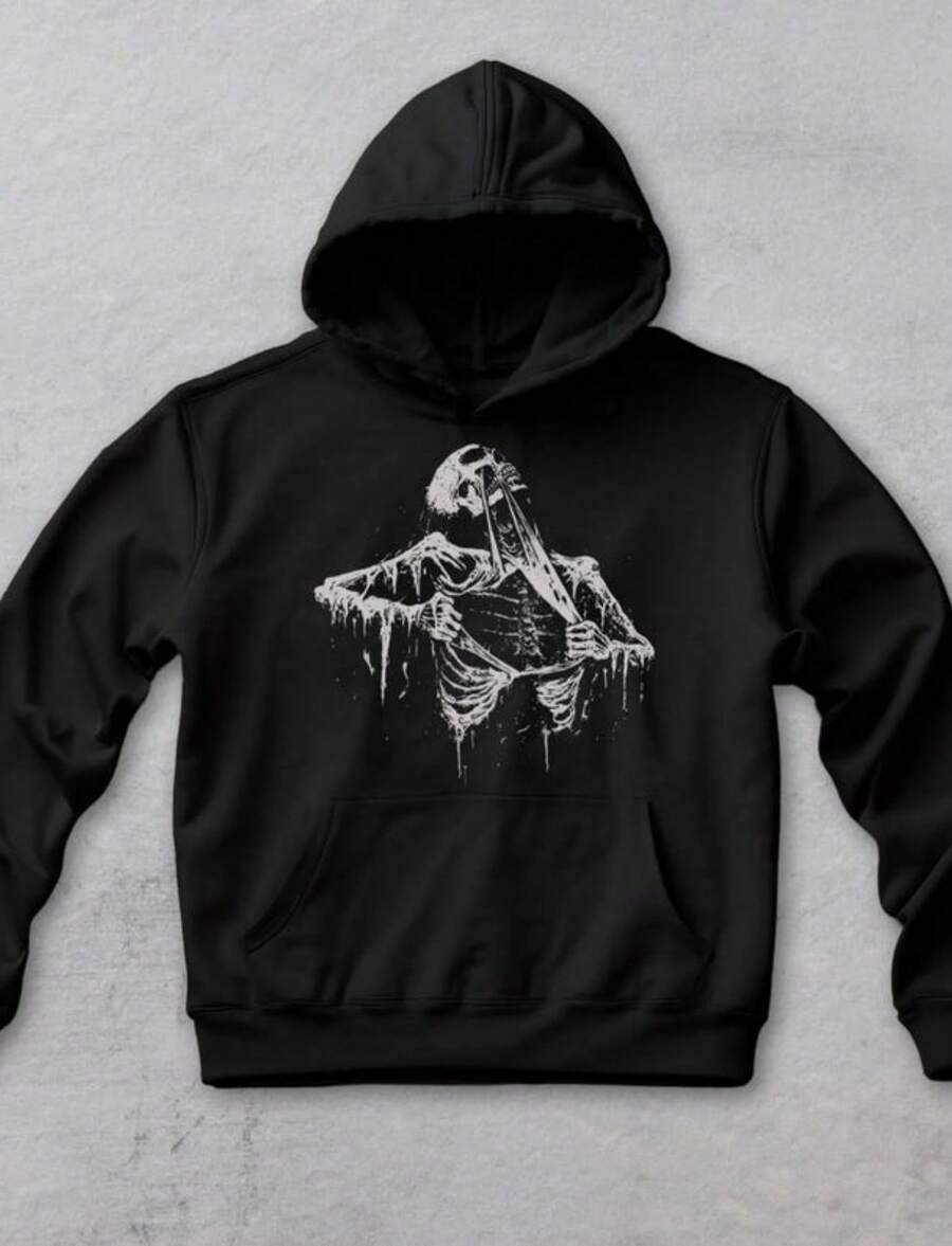 Claim My Daily Gift Today Retro Skeleton Ripping Rip Cage 90s Hoodie, Retro Skeleton Hooded Sweatshirt, Vintage Washed Y2k Sku - Black - View 1