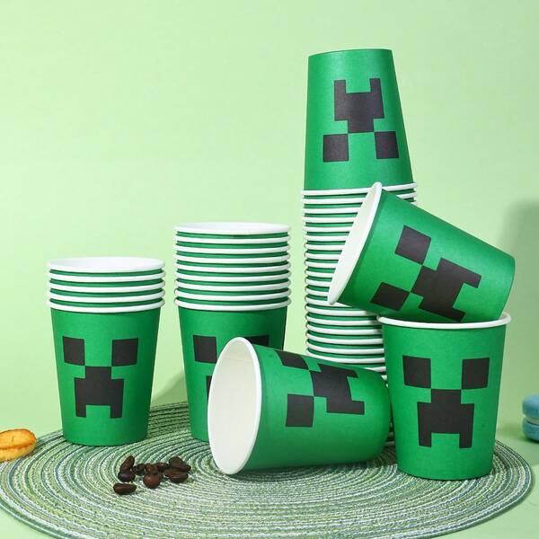 10/20/40/60pcs,Pixel Miner Game Disposable 9oz Paper Cups Supplies, Pixel Style Cartoon Theme Party Decoration Supplies, Suitable For Camping Picnic, Garden Barbecue, Wedding, Birthday Party And Special Theme Party, Festival Celebration Supplies