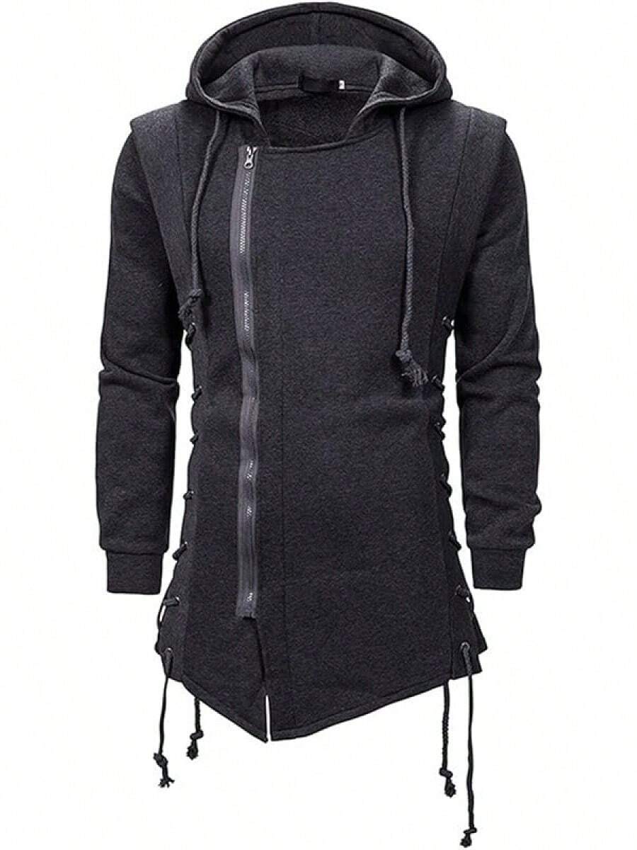 Men Assassin Robe Hoodies Sweatshirts Gothic Asymmetrical Zipper Side Lace Up Fleece Hooded Jackethalloween - 灰色 - 查看 1